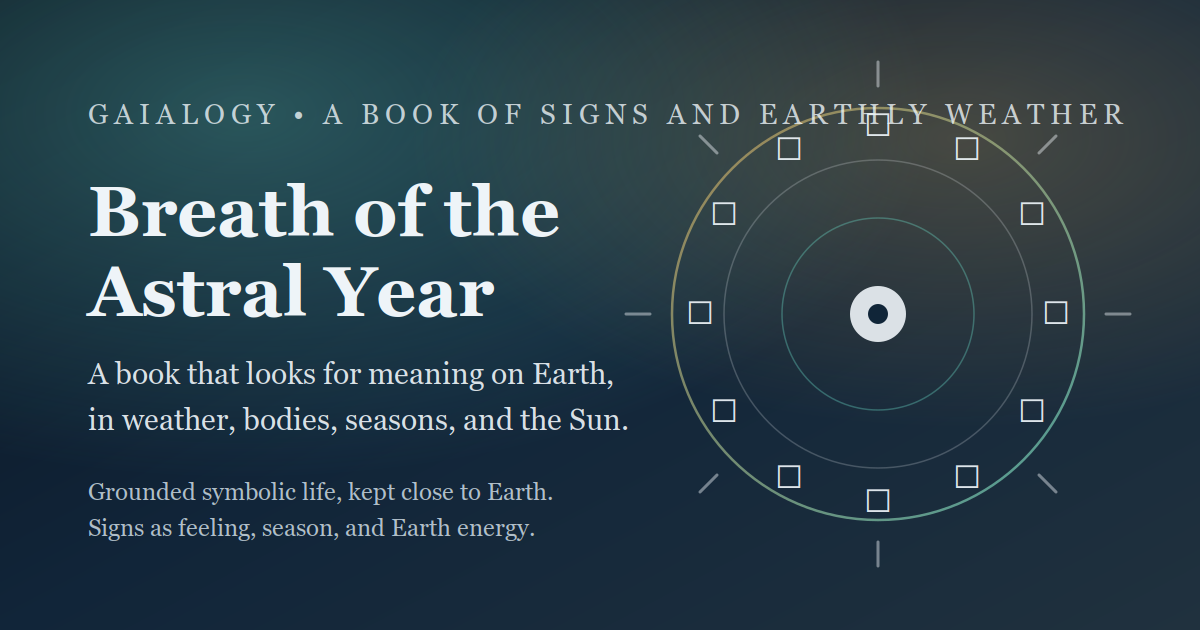 Breath of the Astral Year cover-style graphic with orbiting gaialogy geometry and a public book framing.